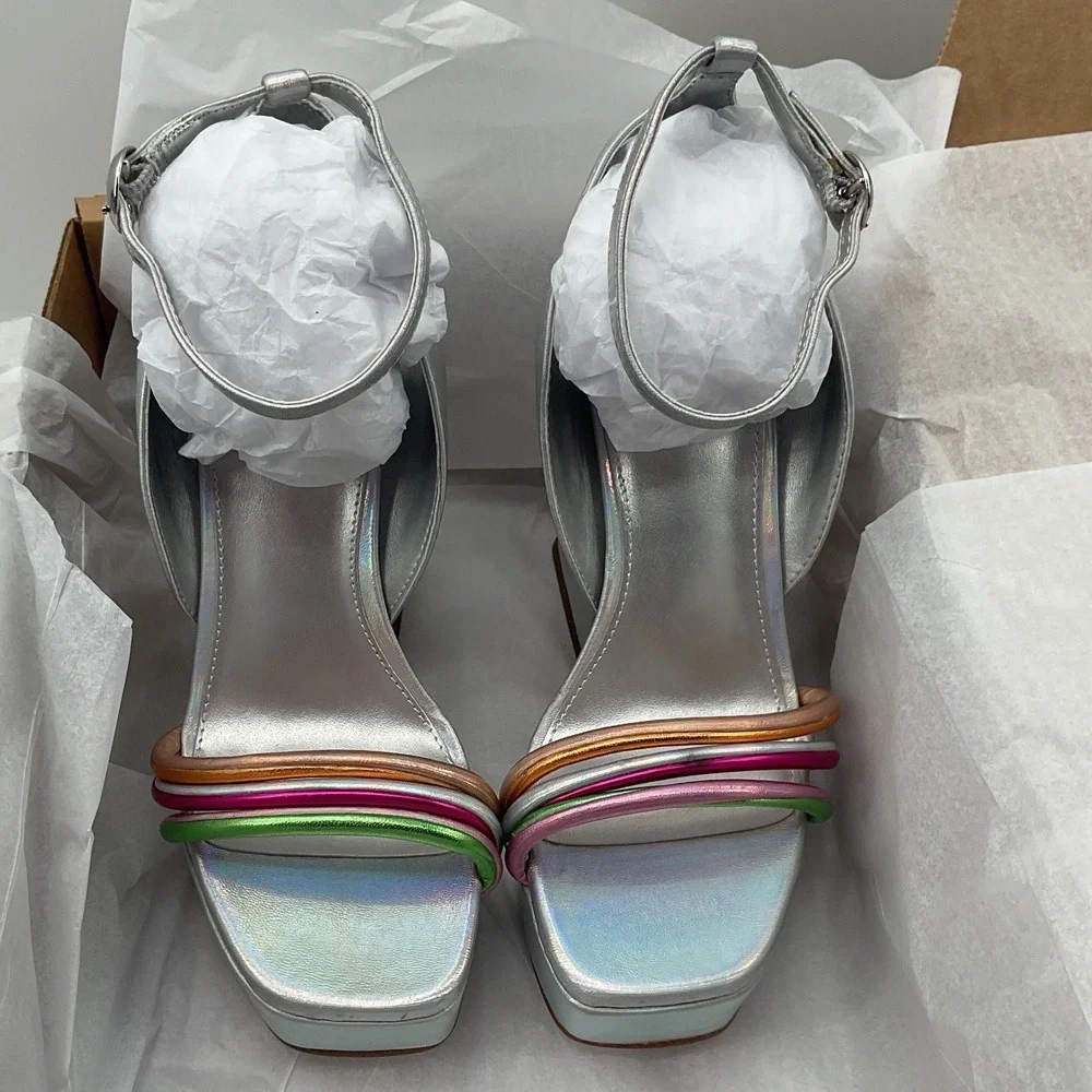 Circus NY Sam Edelman Silver Holographic Multi Strap Platform Flared Heel Sandal